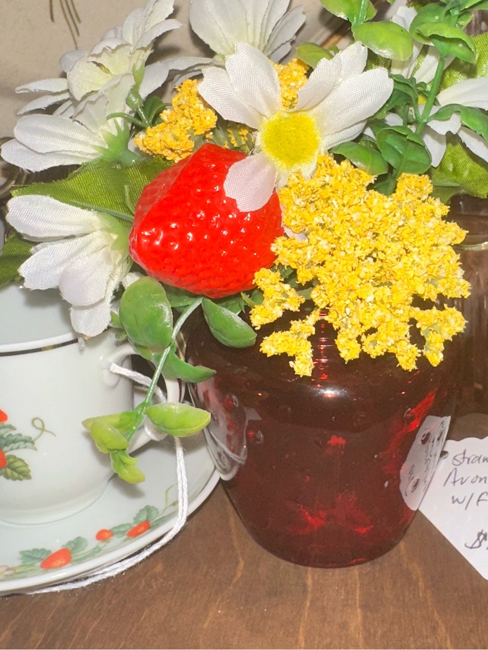Avon Red Glass Jar with Yellow and White Faux Floral Mix